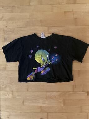 Vintage 90's Black Sun Sportswear WB Tweety Bird Cropped Tweet T-Shirt USA XL